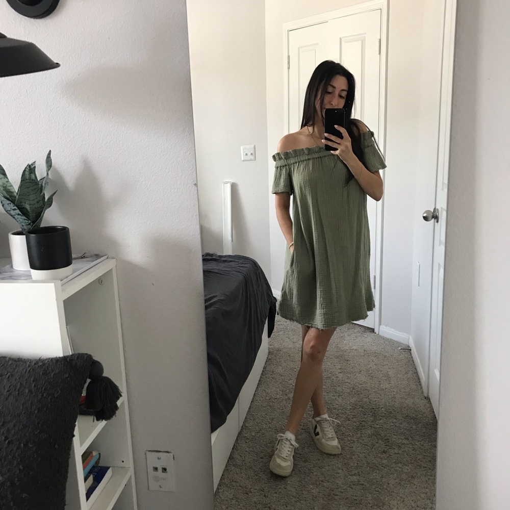Sage-green OTS dress. Gauze material, super soft. I’m a size small and 5’2!